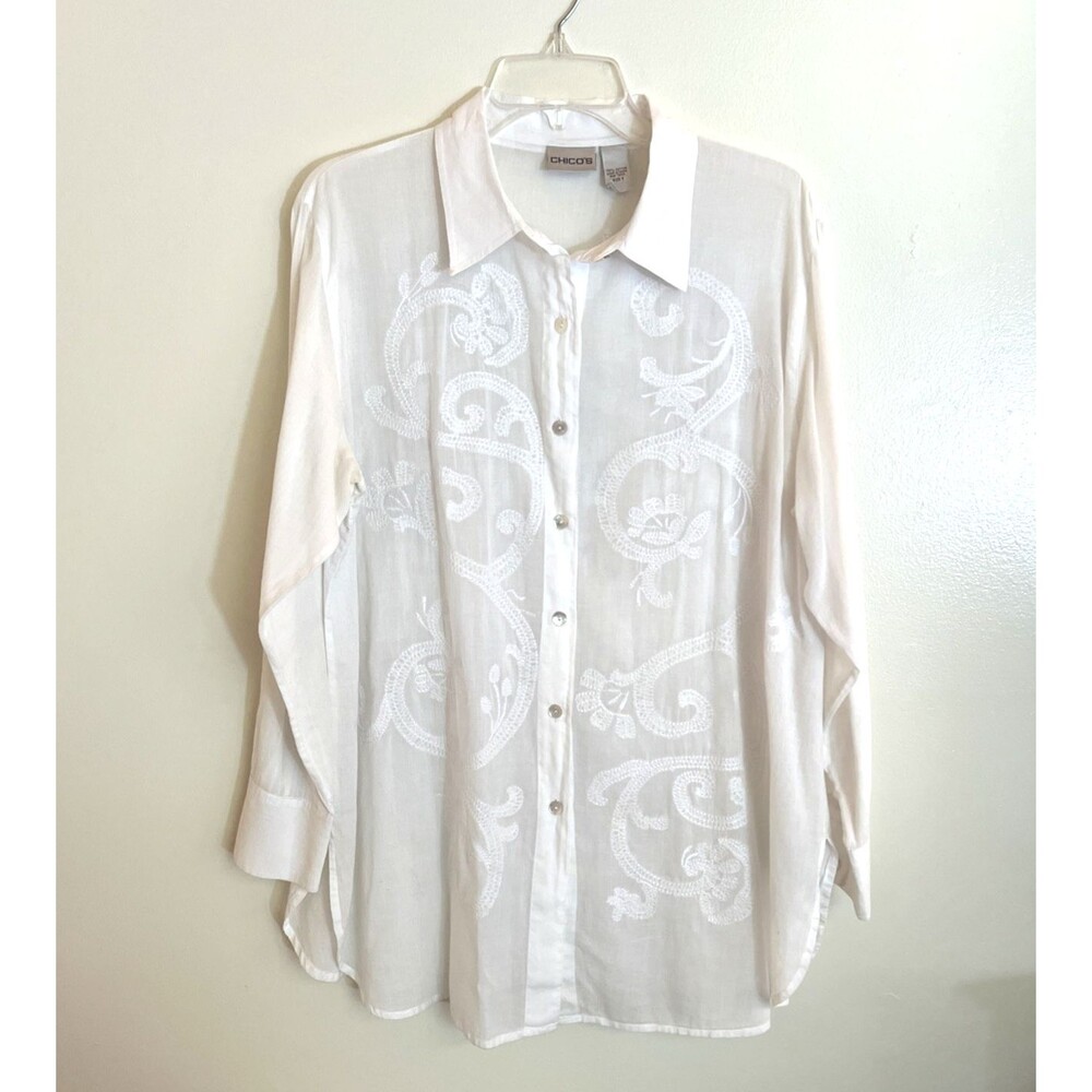 Chico's 0 Size Large White Embroidered Semi Sheer Long Sleeve Button Blouse